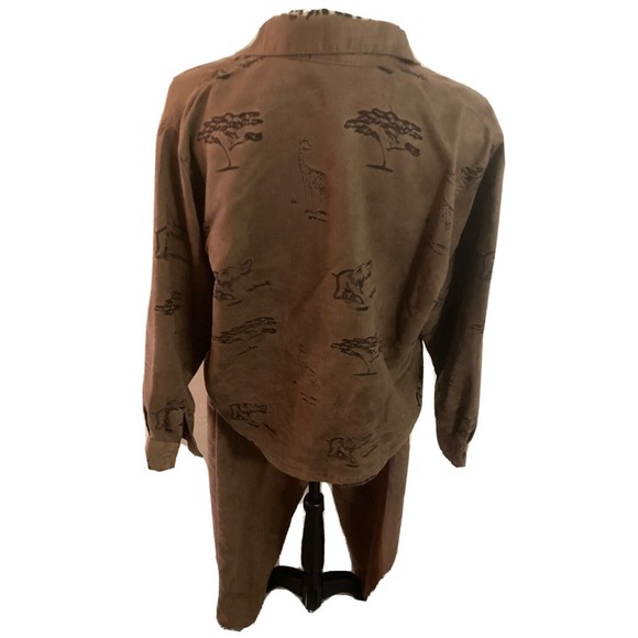 Kenneth Too 2 piece set brown PXL zip up long sleeve collared pants animal print - Picture 6 of 10